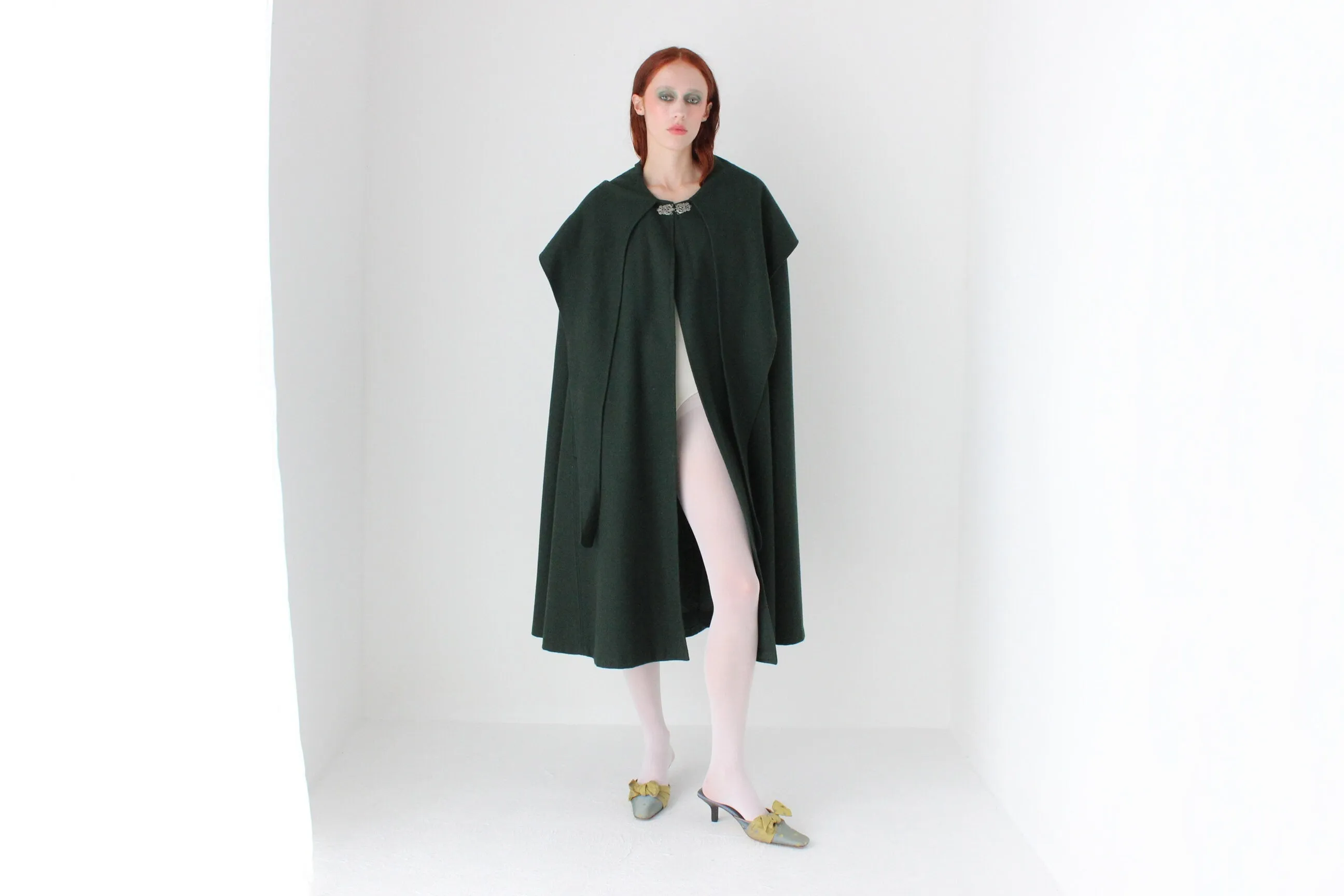 90s Rich Green PURE WOOL Boutique Hooded Cape Coat