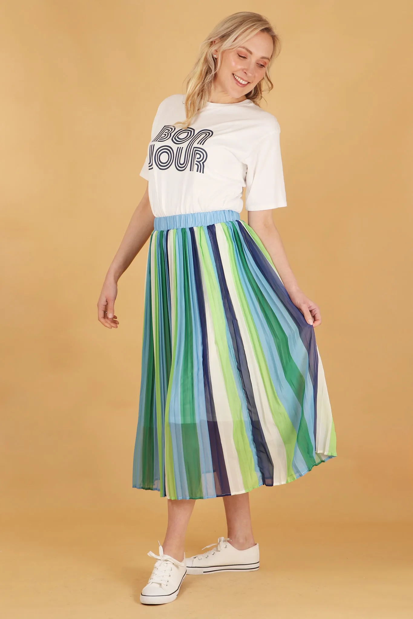 Alternating Striped Chiffon Pleated Skirt in Blue Green