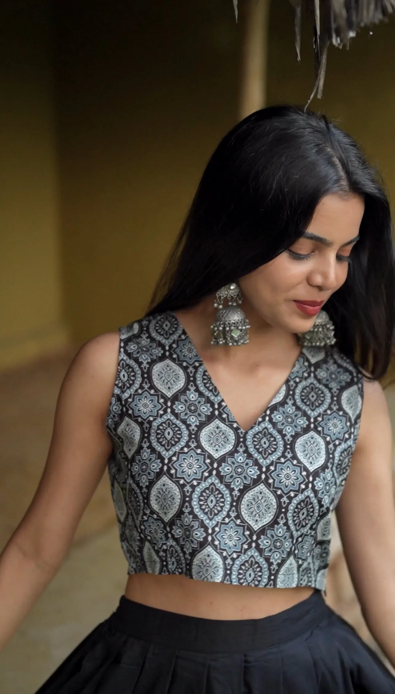 Black Ajrak Top Maxi Skirt Combo
