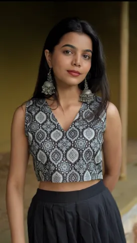 Black Ajrak Top Maxi Skirt Combo