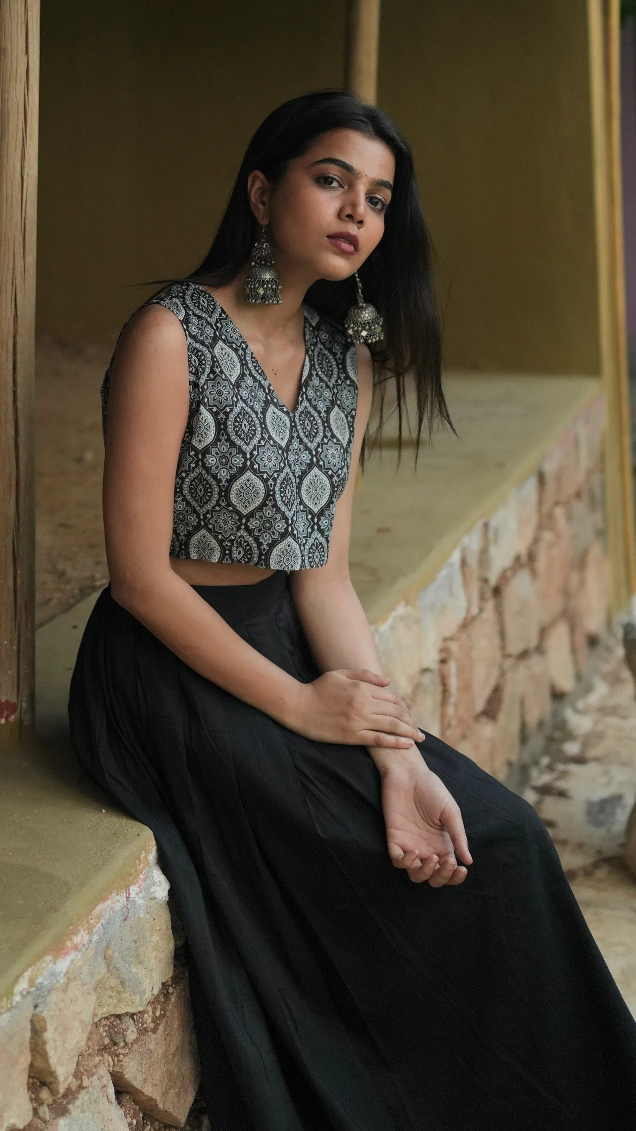 Black Ajrak Top Maxi Skirt Combo