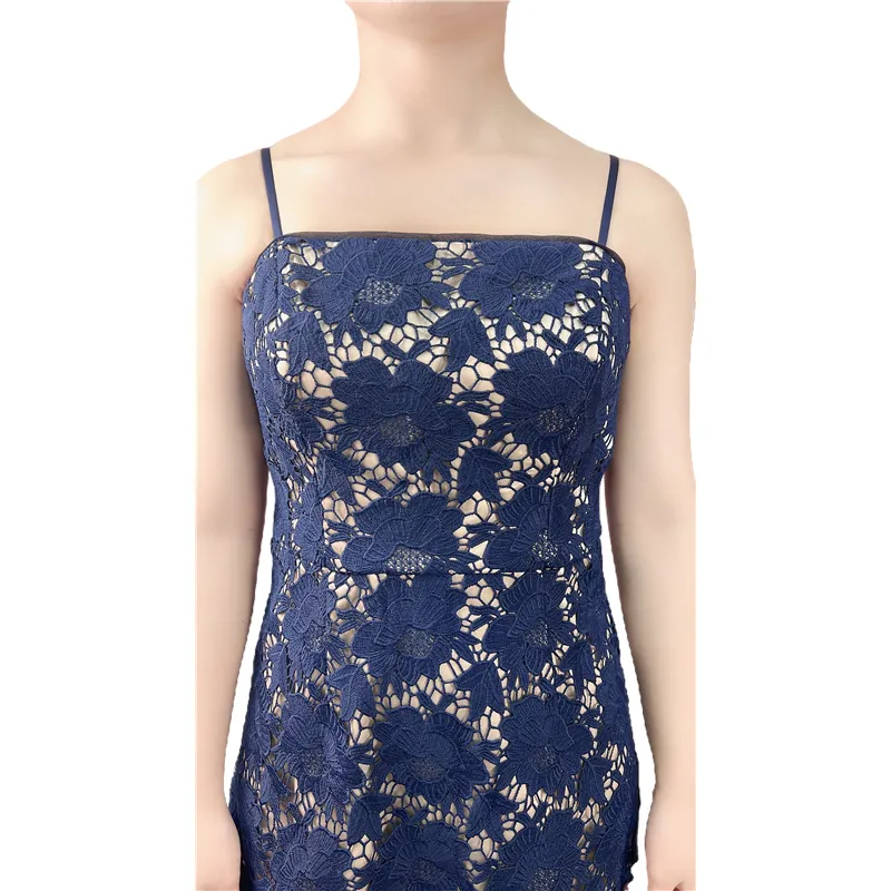 D405 Women flower embroidered lace bare shoulder midi party dress