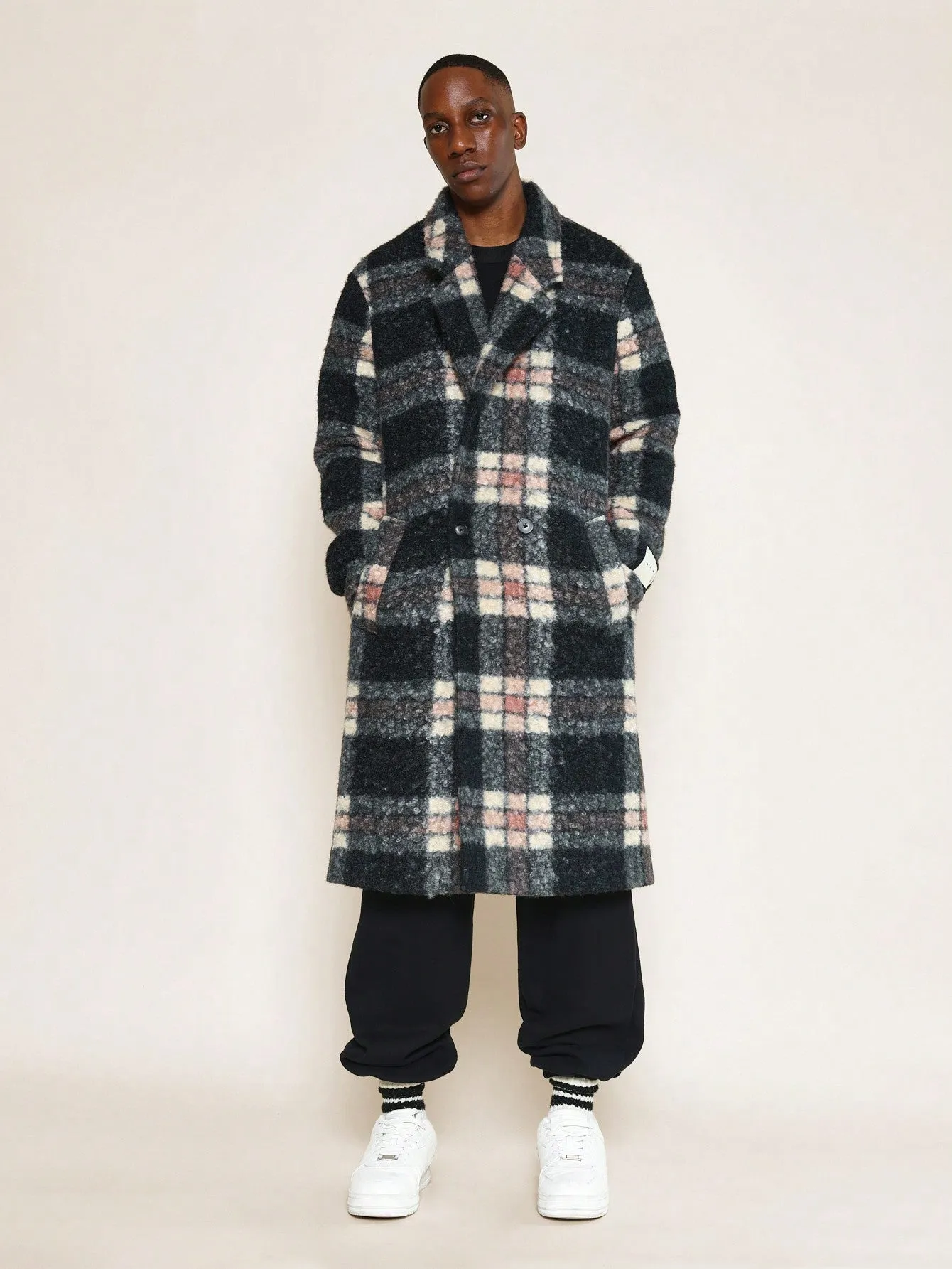Double Breasted Curly Checked Overcoat