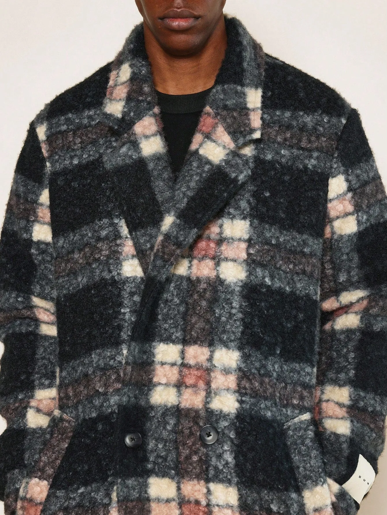 Double Breasted Curly Checked Overcoat