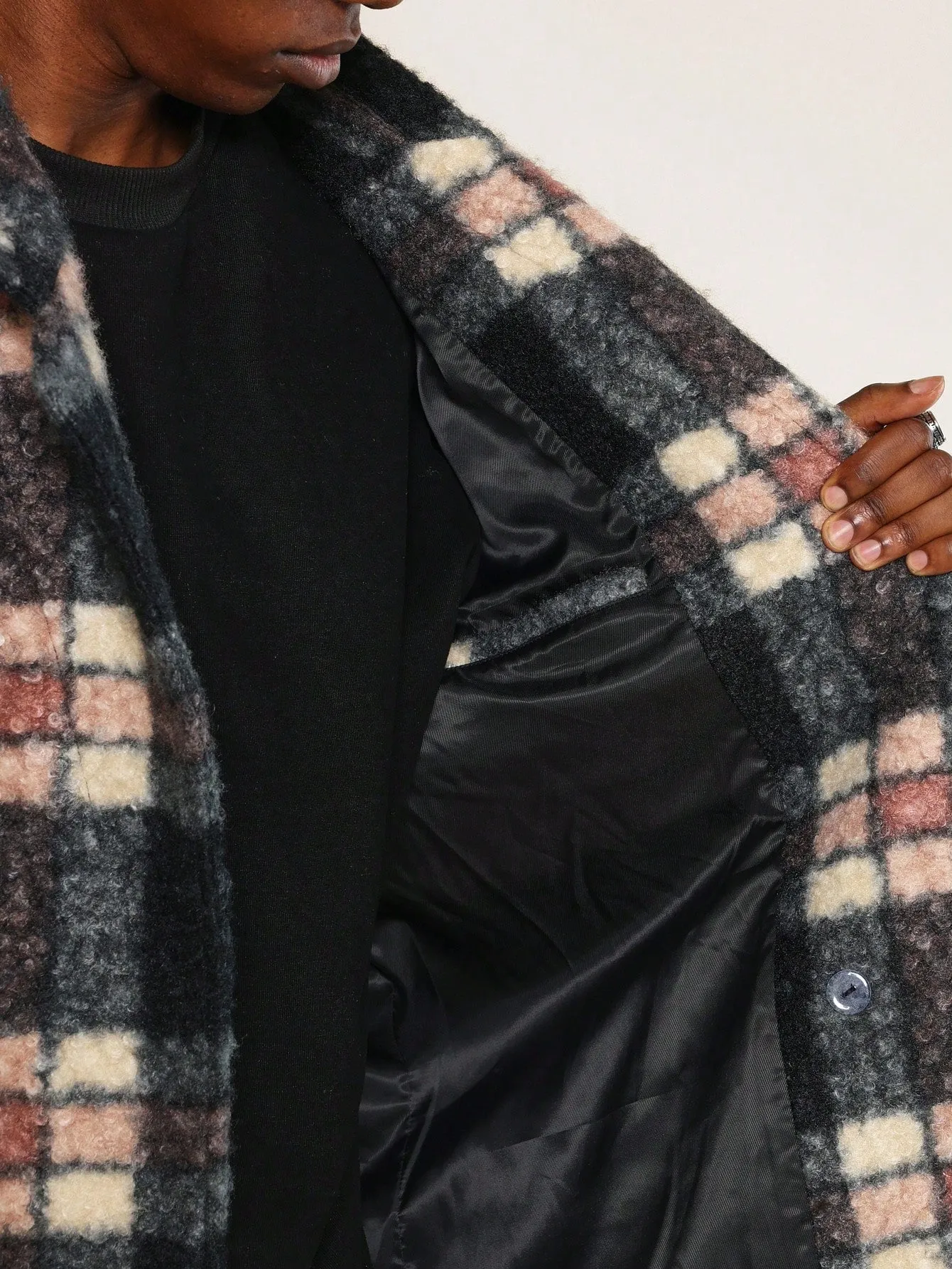 Double Breasted Curly Checked Overcoat