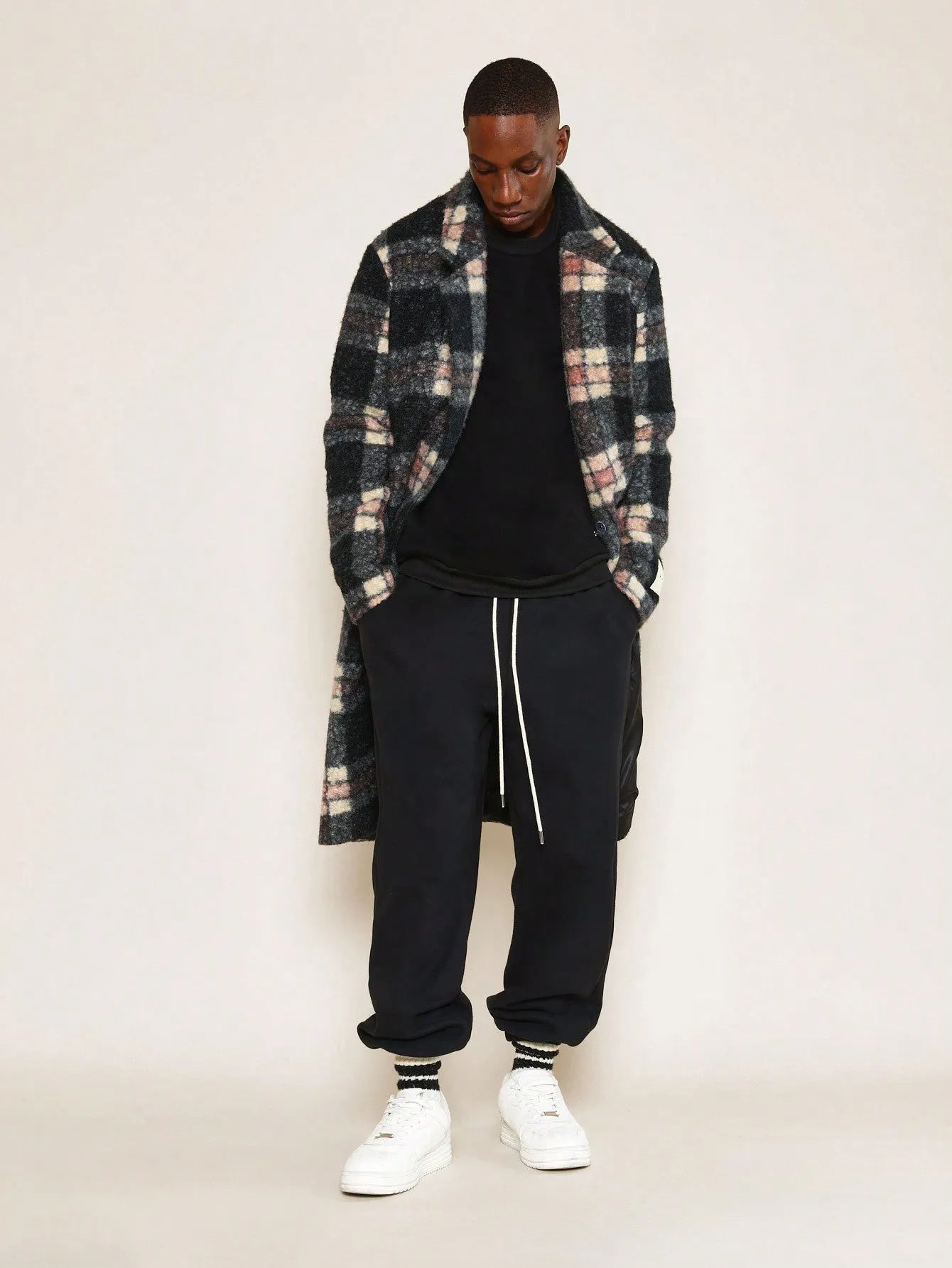Double Breasted Curly Checked Overcoat