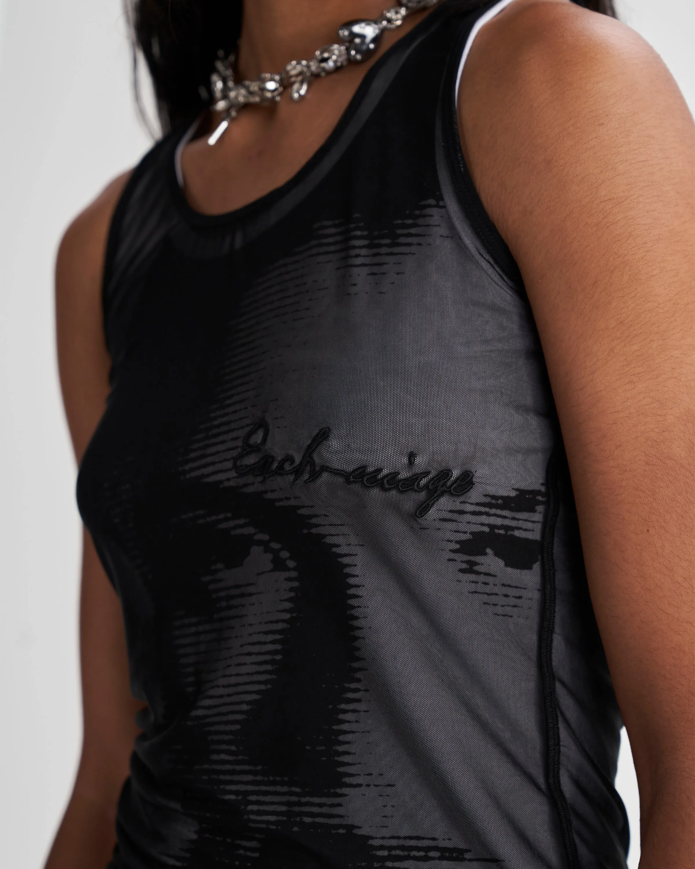 Double Layer Mesh Tank Top with Print & Embroidery in Black