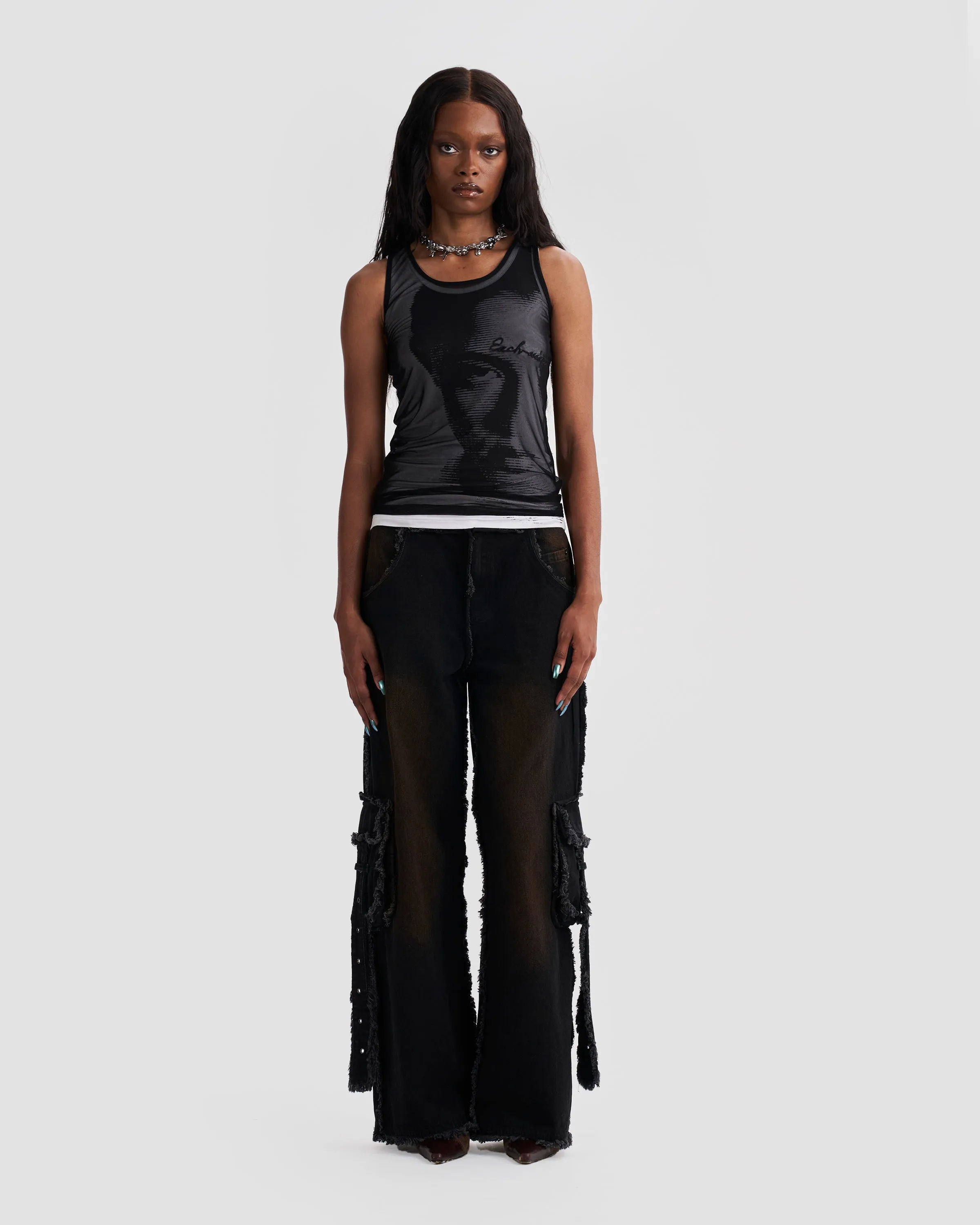 Double Layer Mesh Tank Top with Print & Embroidery in Black
