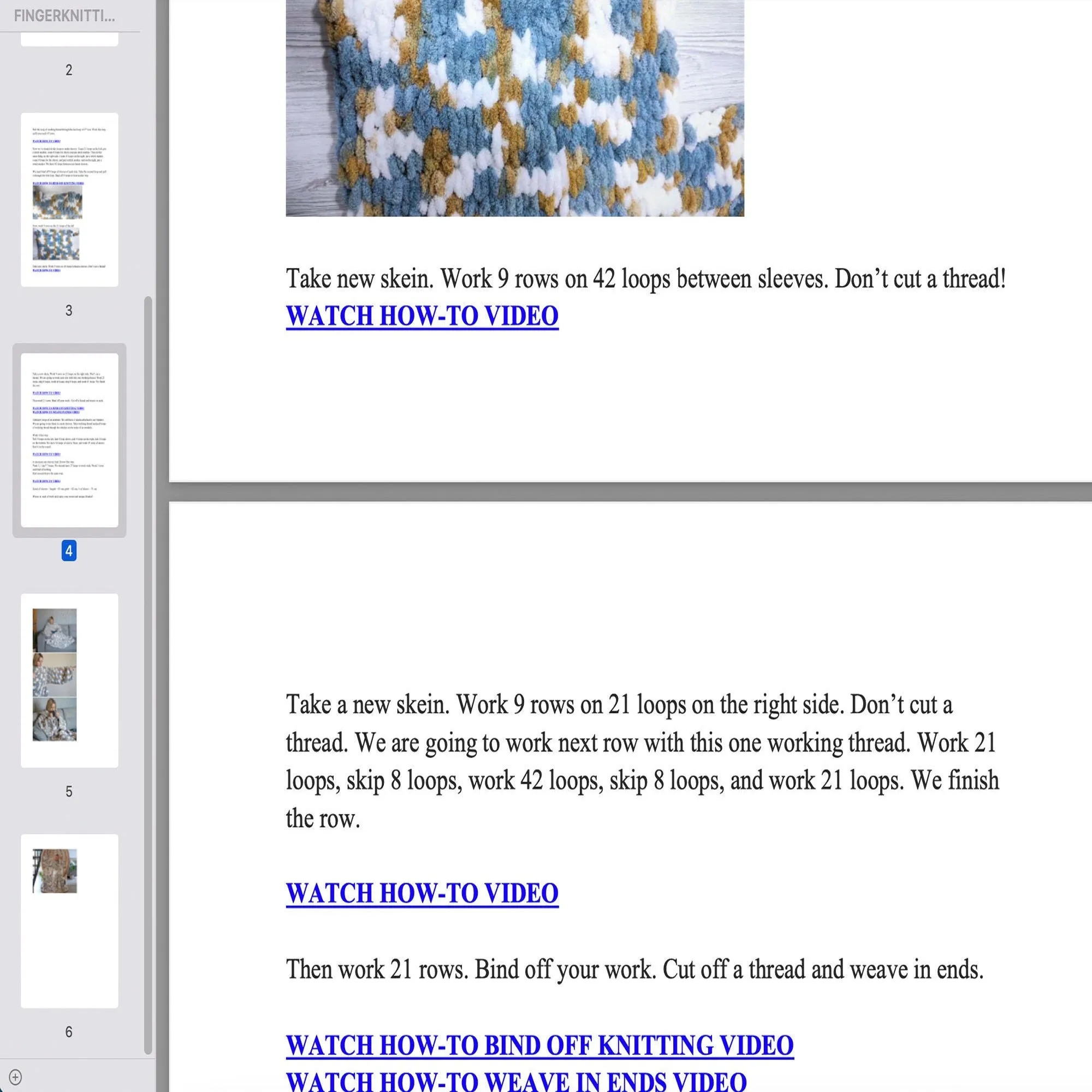 Finger knitting Blanket pattern, US standard terms, Skill level beginner