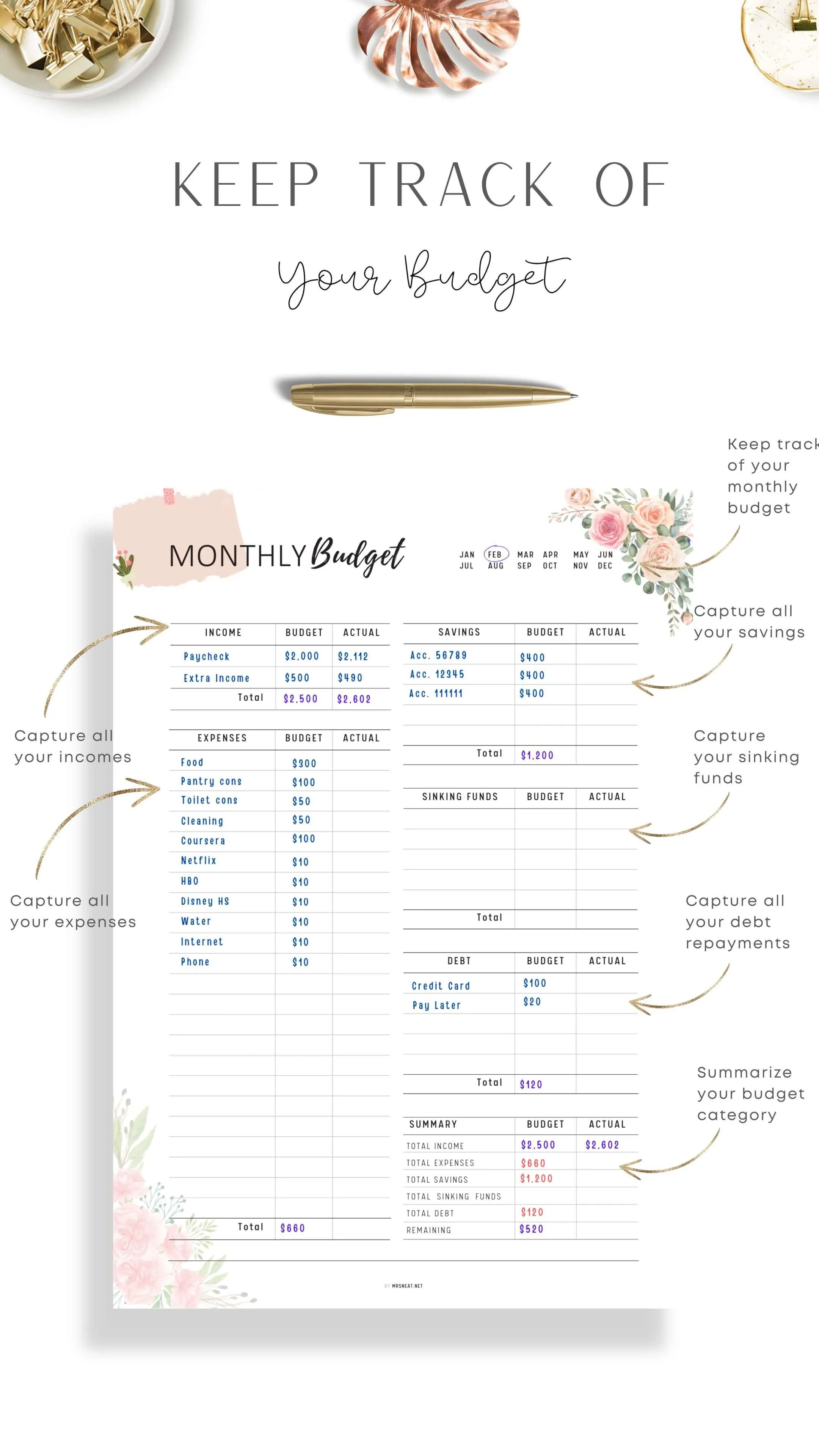 Floral Monthly Budget Tracker Printable - M313