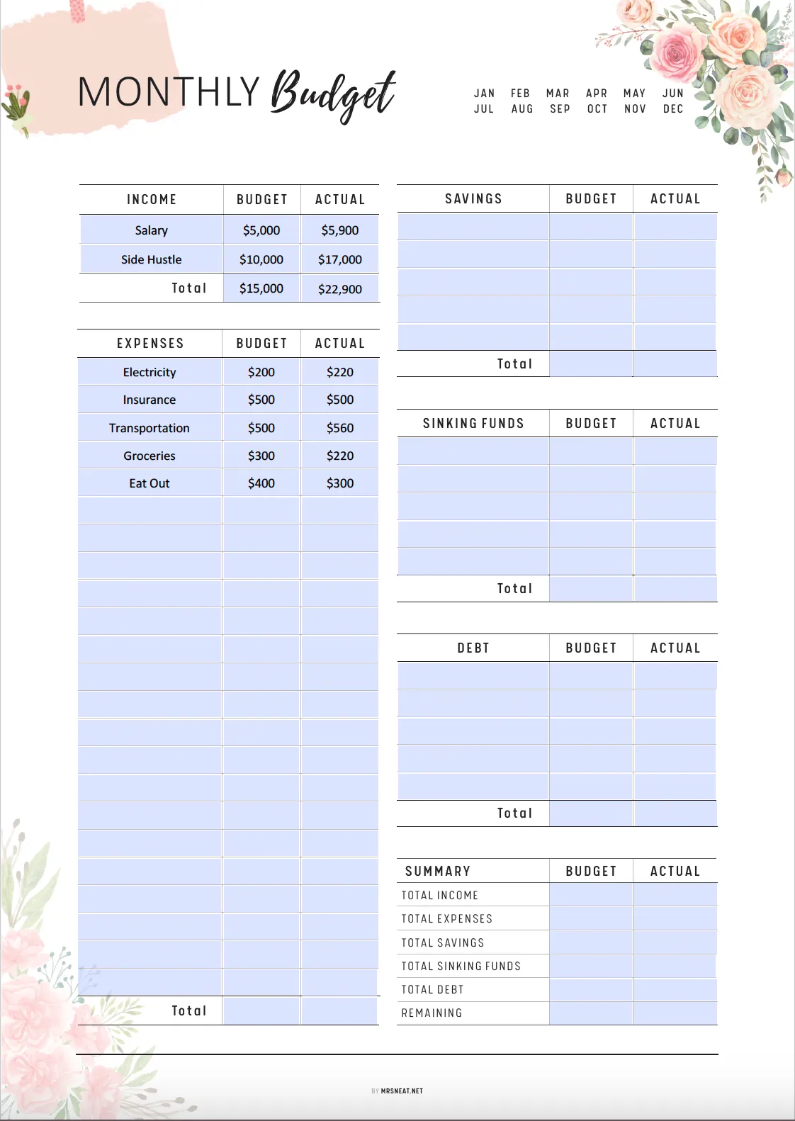 Floral Monthly Budget Tracker Printable - M313