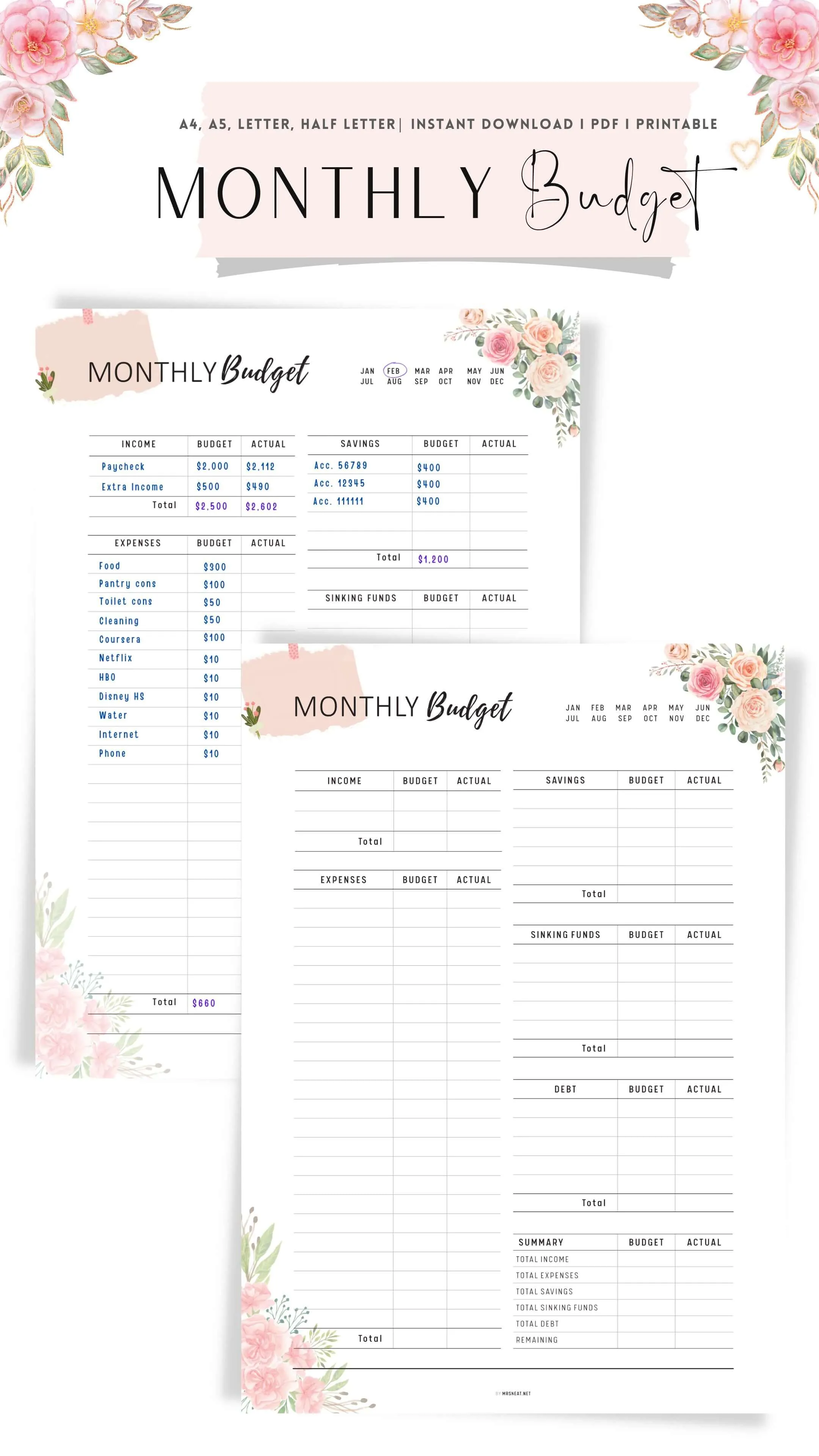Floral Monthly Budget Tracker Printable - M313
