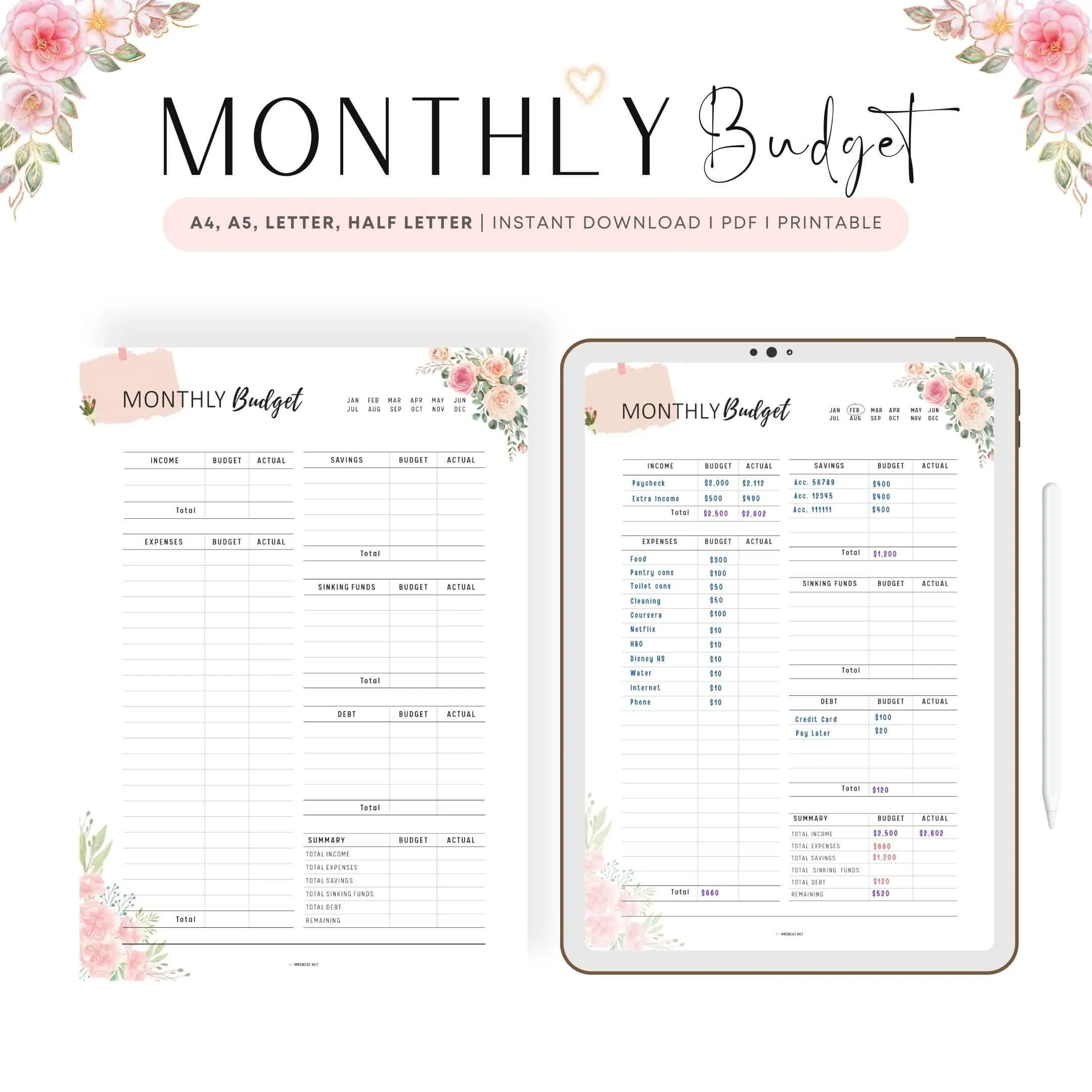 Floral Monthly Budget Tracker Printable - M313