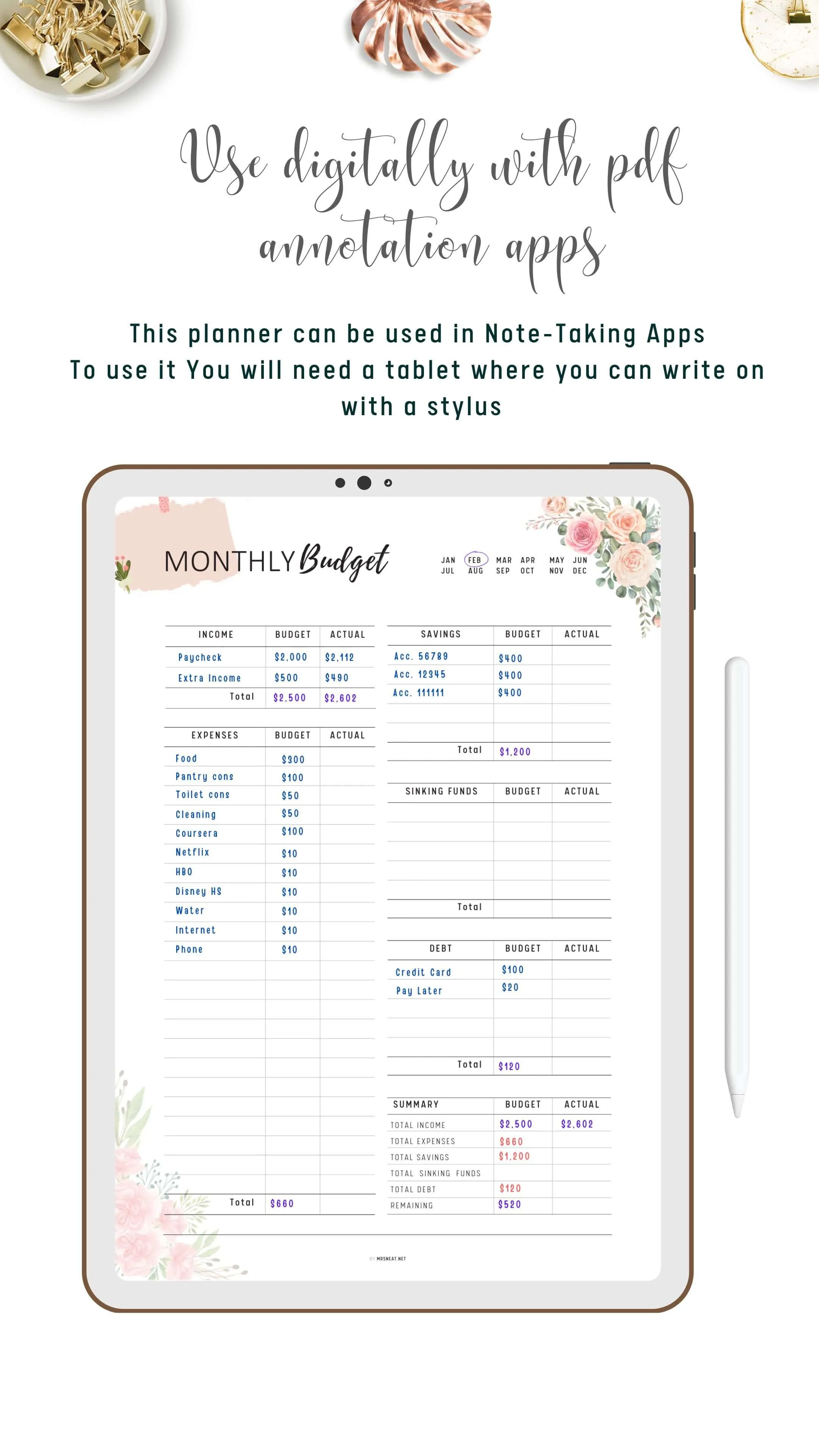 Floral Monthly Budget Tracker Printable - M313