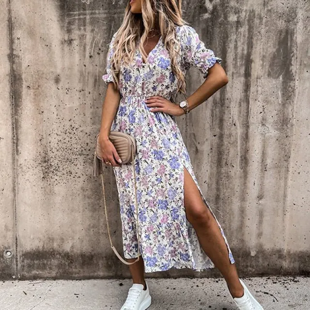 MAFIRRY Magical Print V-Neck Cotton Poly Blend Side Slit Elastic Waist Dress