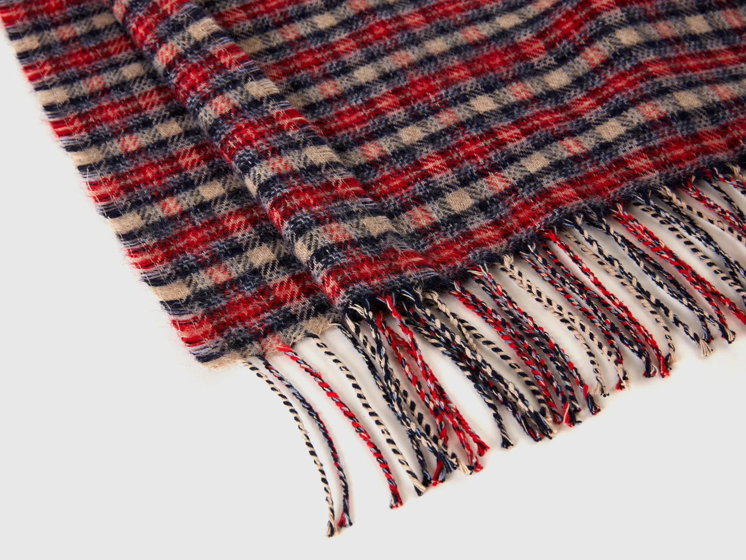 Multi-Colour Jacquard Knit Scarf with Fringed Edges and Tartan Check Pattern