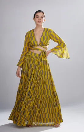 MUSTARD AND GREY GEOMETRIC PLEATED SKIRT