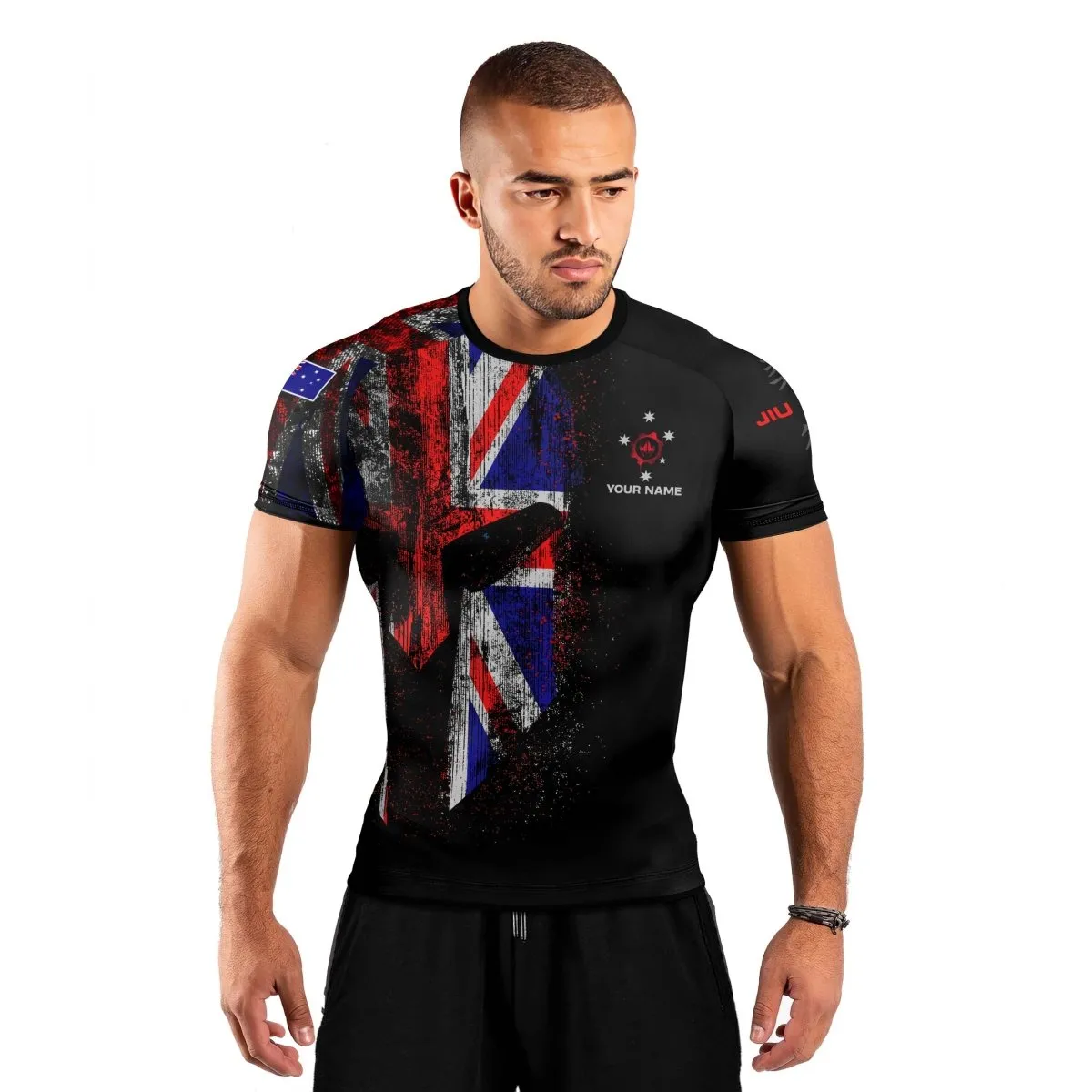 Personalized Australia Jiu Jitsu Grunge Men's Short Sleeve Rash Guard