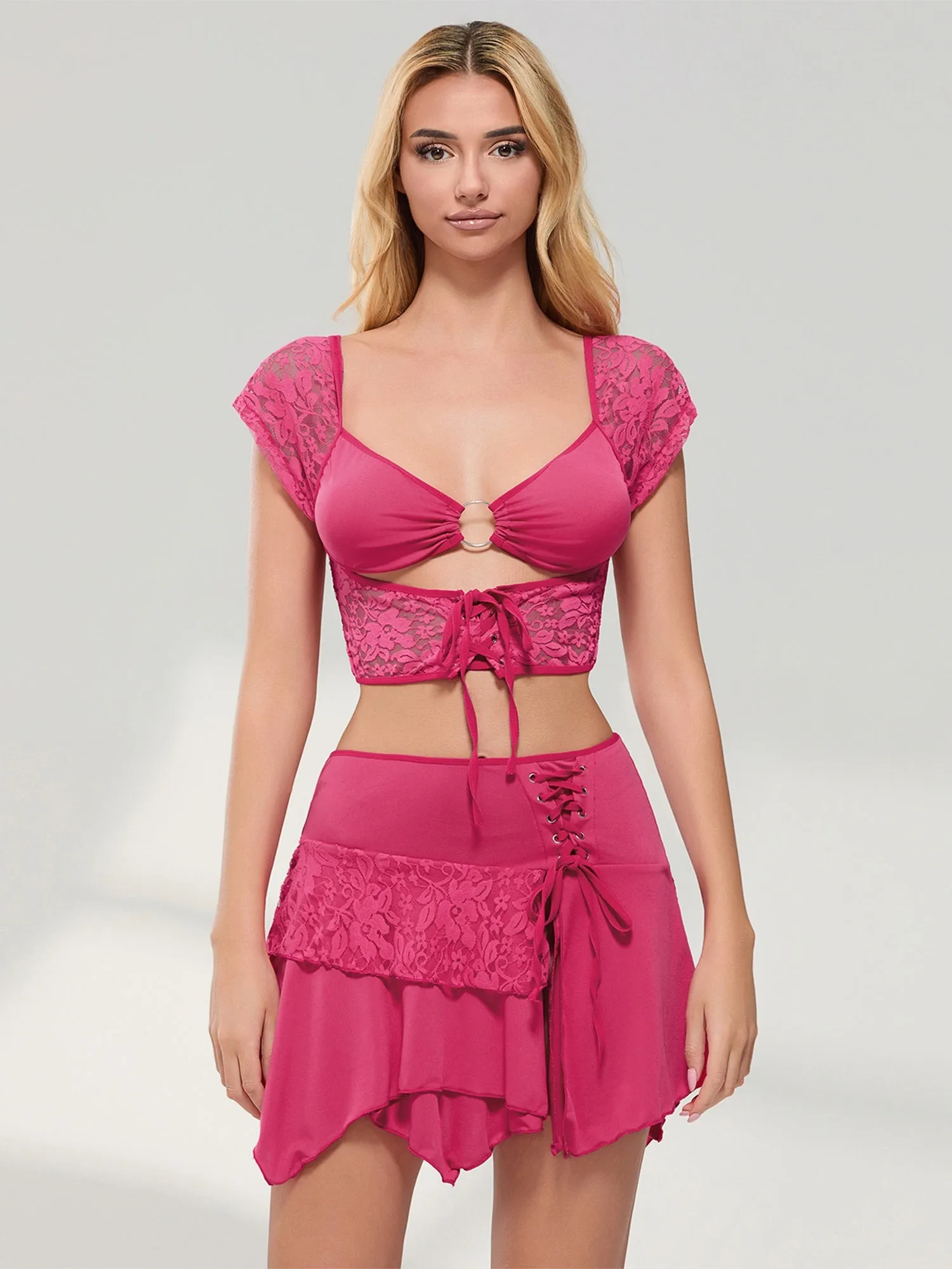 Pink Short Sleeve Hollow Bandage Crop Top & Mini Pleated Skirt Set