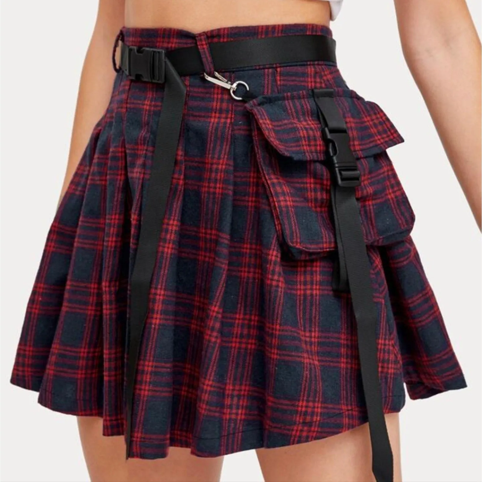 Pouch Side Belted Tartan Cargo Skirt - Small