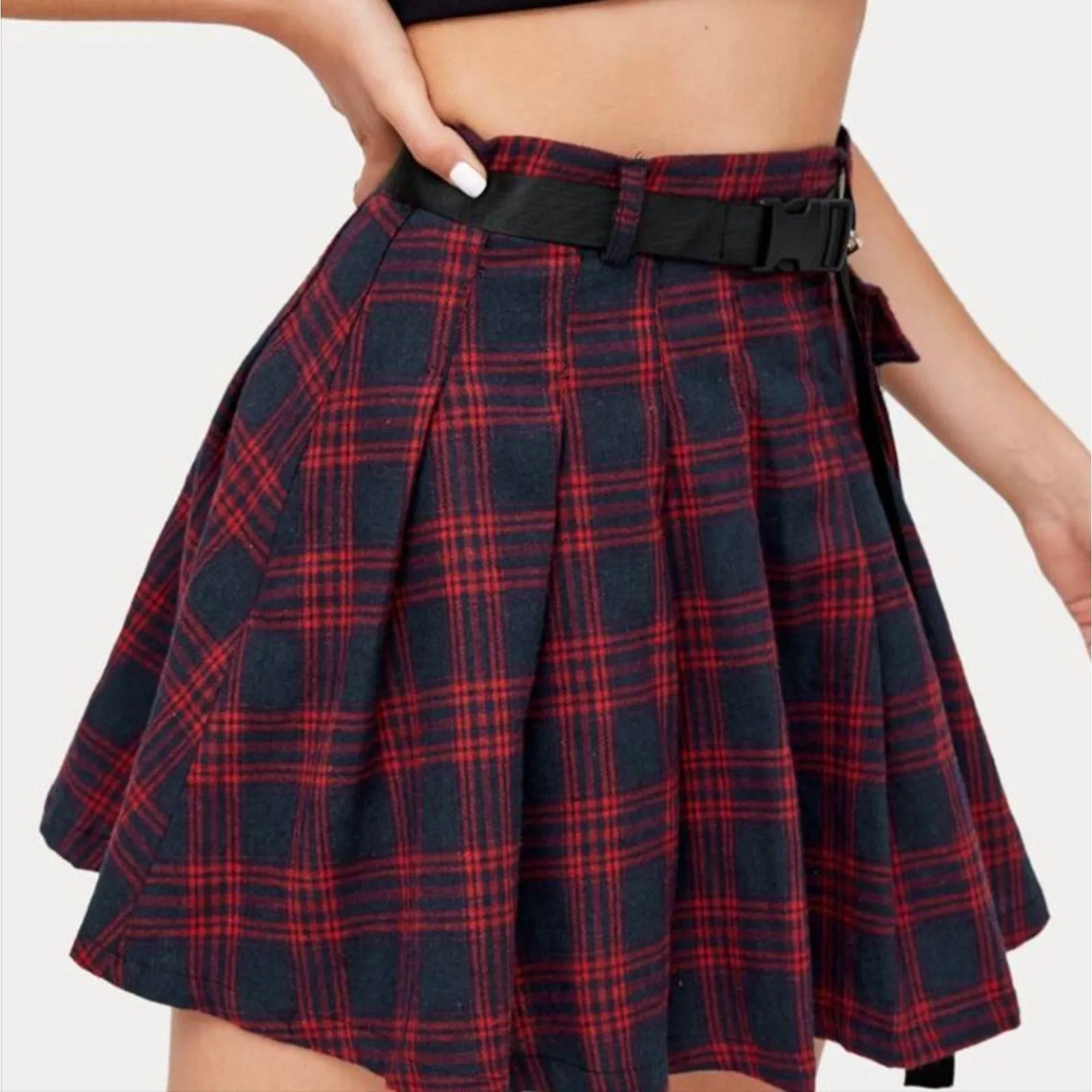 Pouch Side Belted Tartan Cargo Skirt - Small