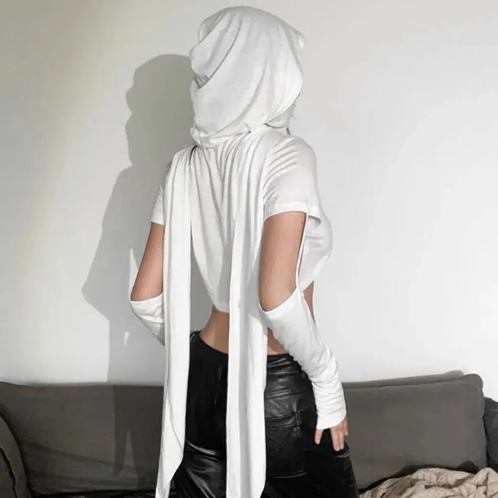 Punk Aesthetic Doomsday Wilderness Hoodie Tee | Grey Cross Hollow Ultra Short Top Party Wear