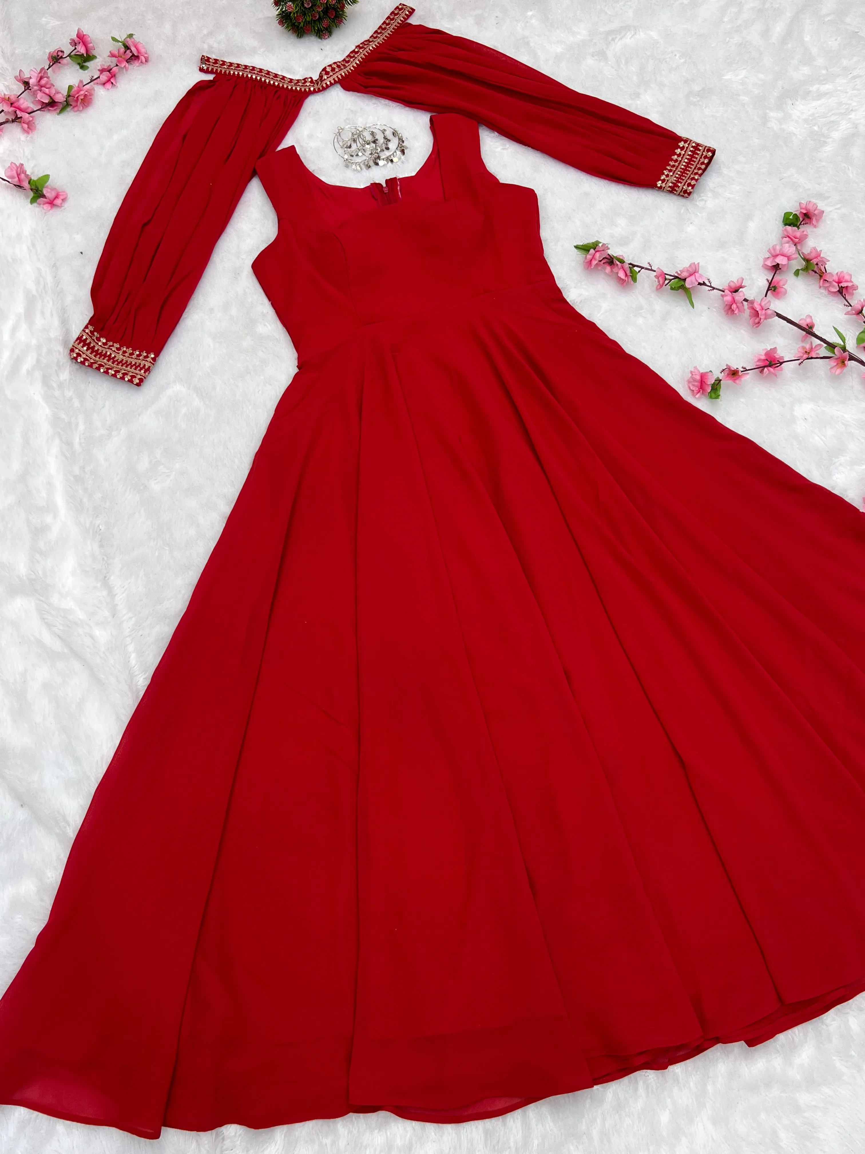 Red Faux Georgette Fancy Sleeves Gown