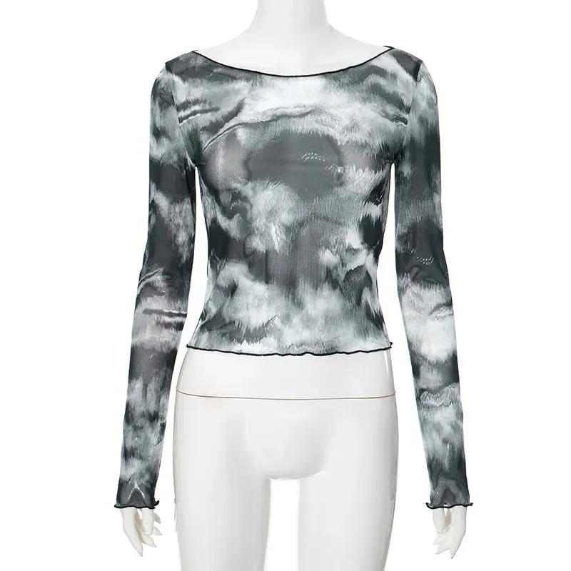 Vintage Cyber Techwear Long Sleeve Mesh Crop Top