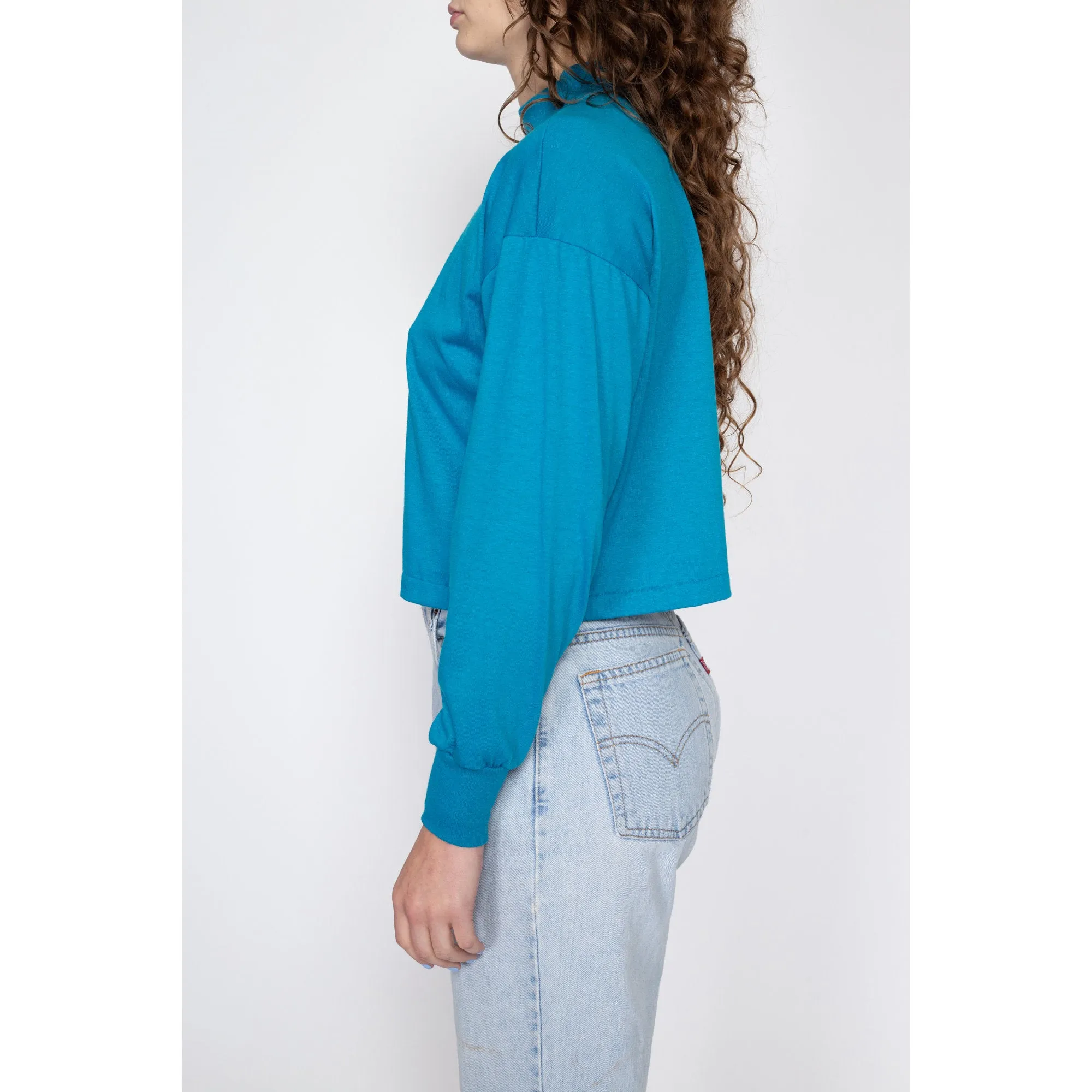 XL 80s Blue Mockneck Cropped Long Sleeve Tee