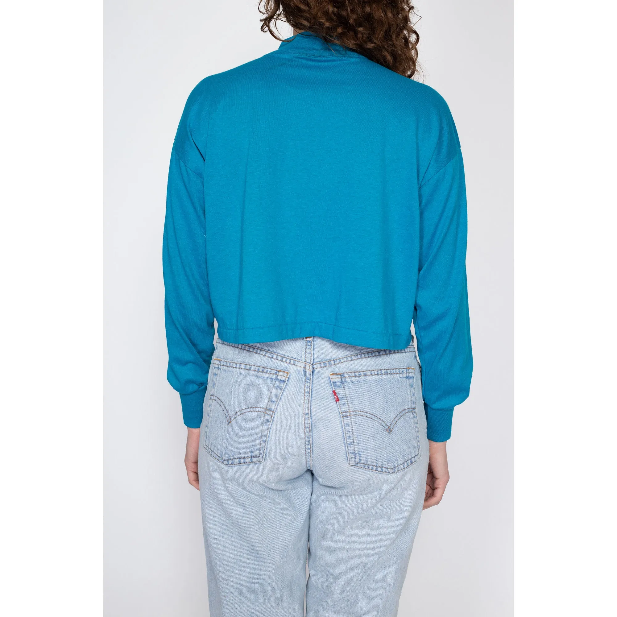 XL 80s Blue Mockneck Cropped Long Sleeve Tee