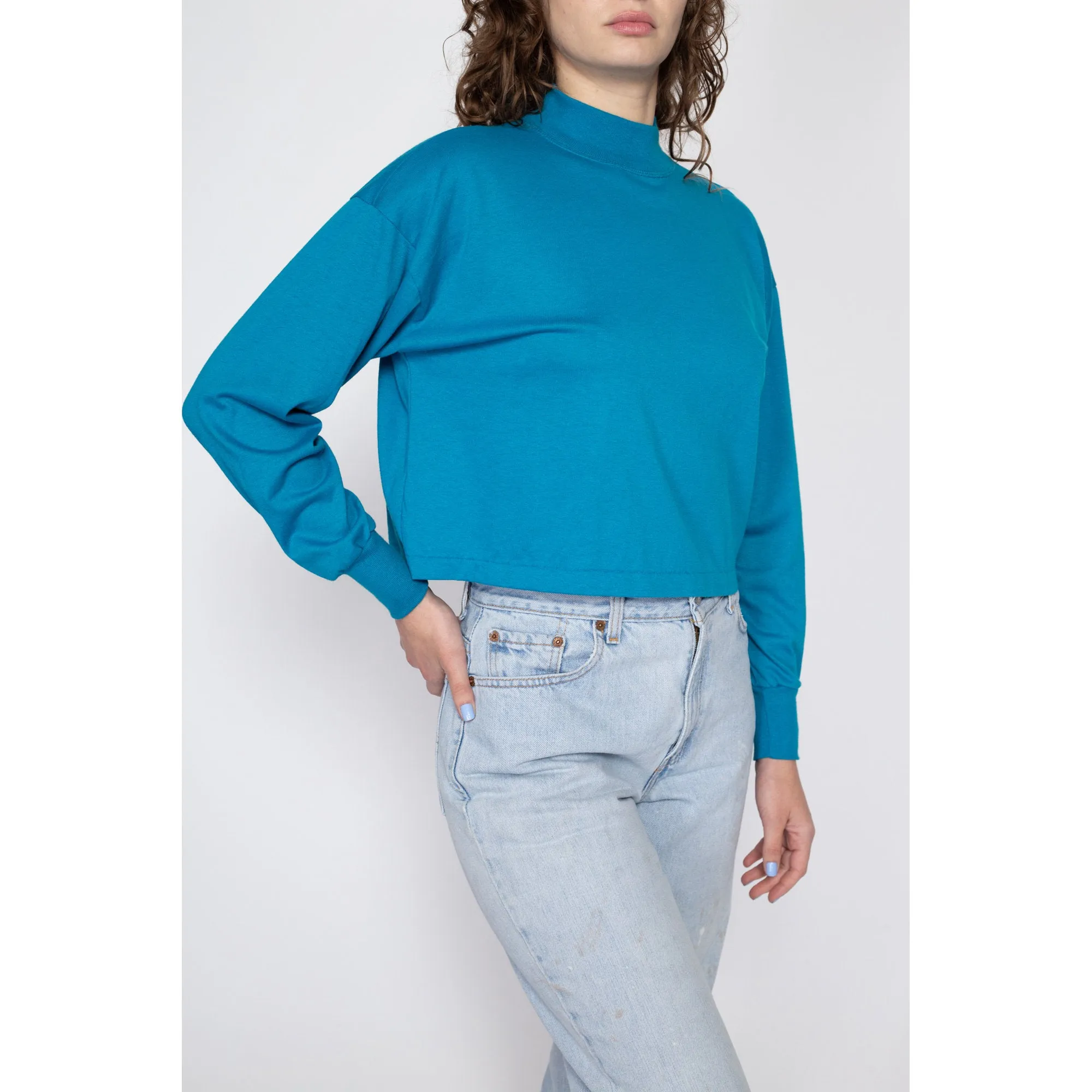 XL 80s Blue Mockneck Cropped Long Sleeve Tee