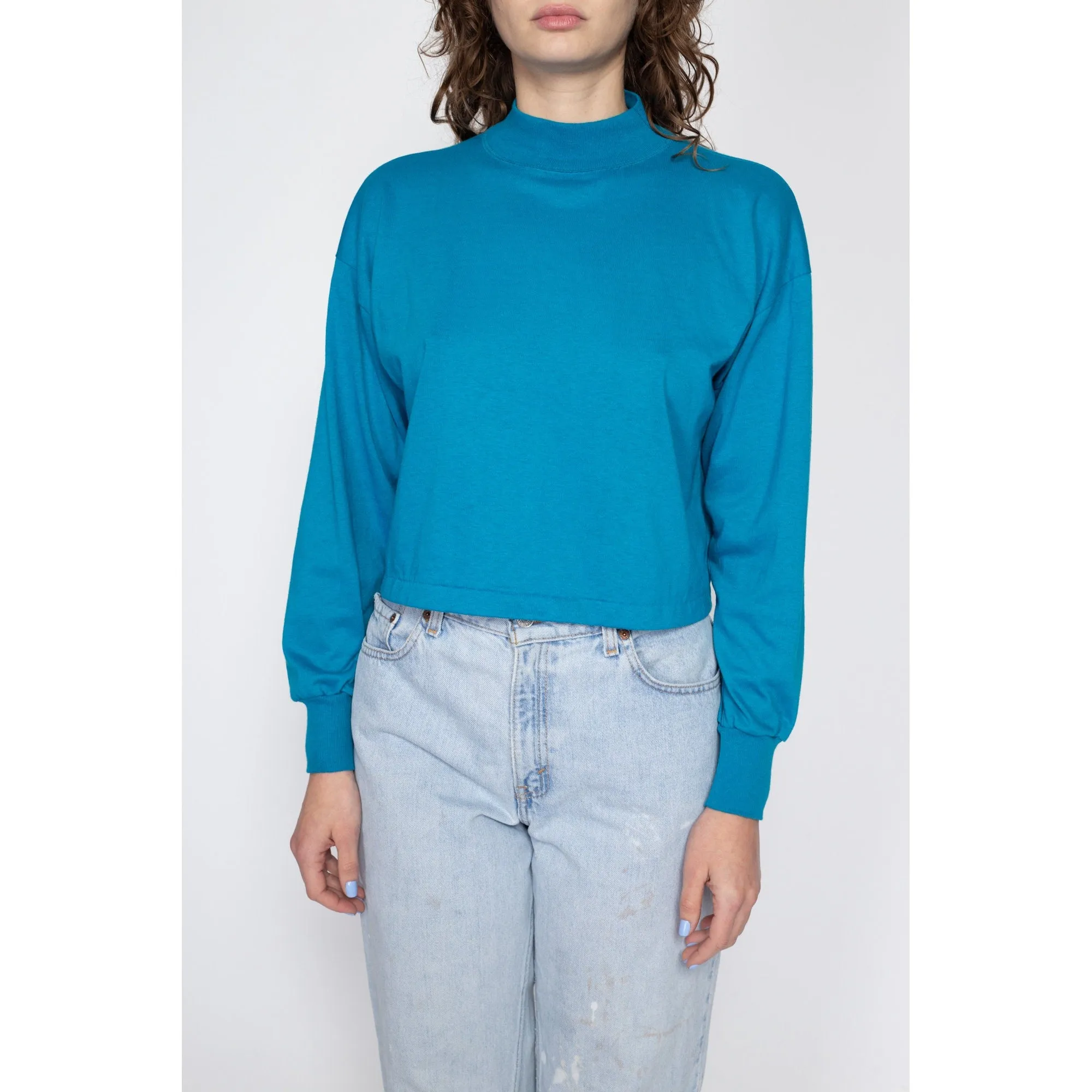 XL 80s Blue Mockneck Cropped Long Sleeve Tee