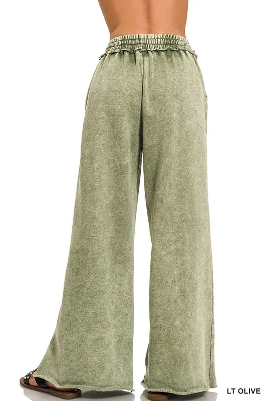 Zenana Acid Wash Fleece Palazzo Womens Sweatpants Pockets S-3X