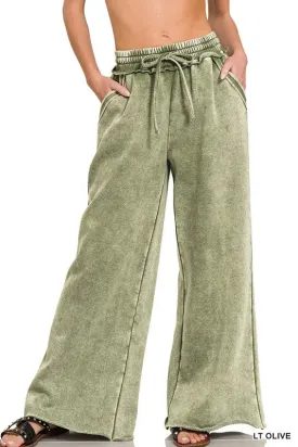 Zenana Acid Wash Fleece Palazzo Womens Sweatpants Pockets S-3X